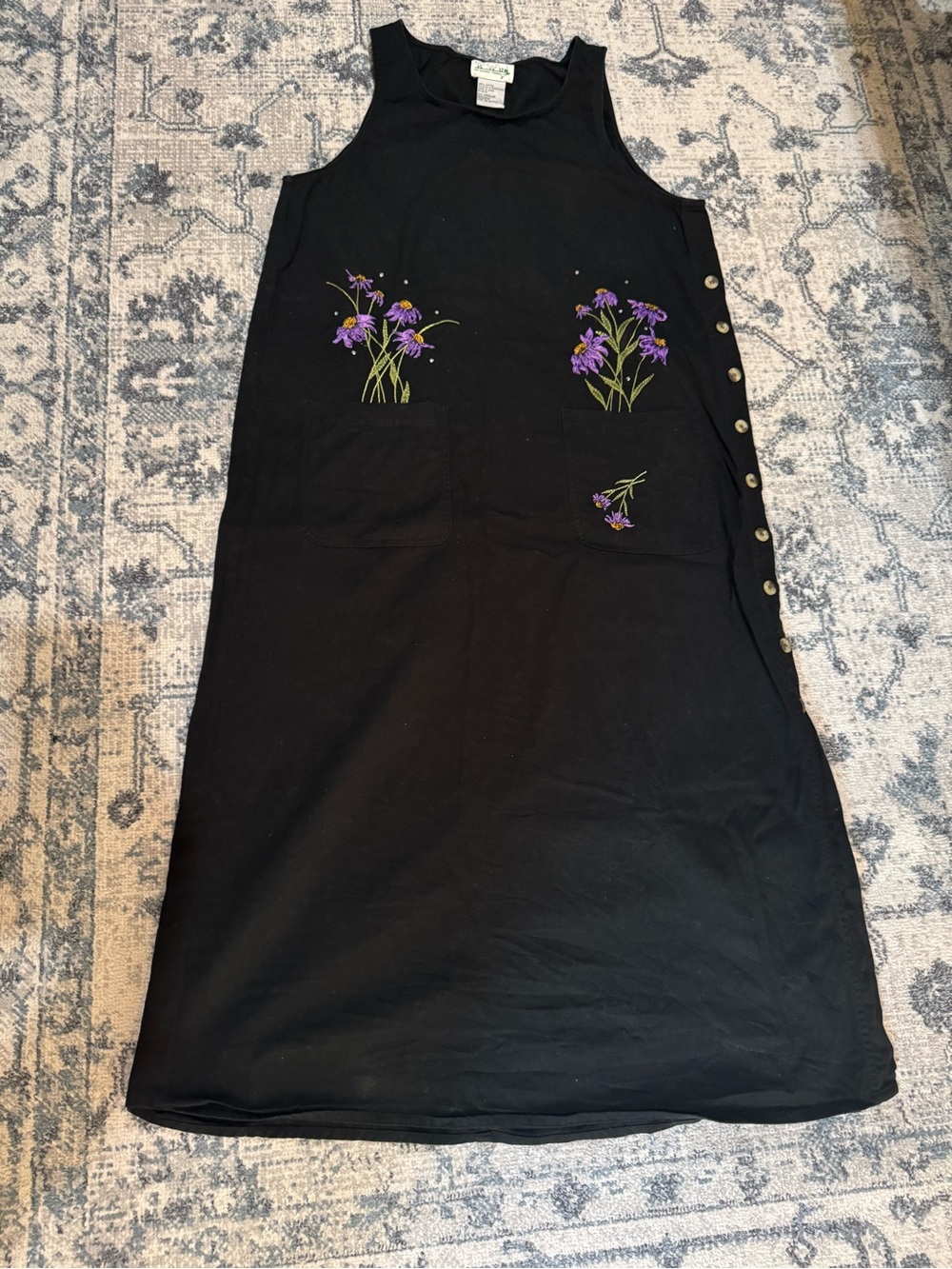 Quacker Factory Black Cotton Dress with Floral Embroidery